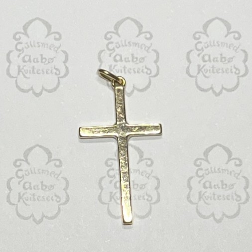Gold-tone cross pendant with a small bail at the top, shown on a white background.